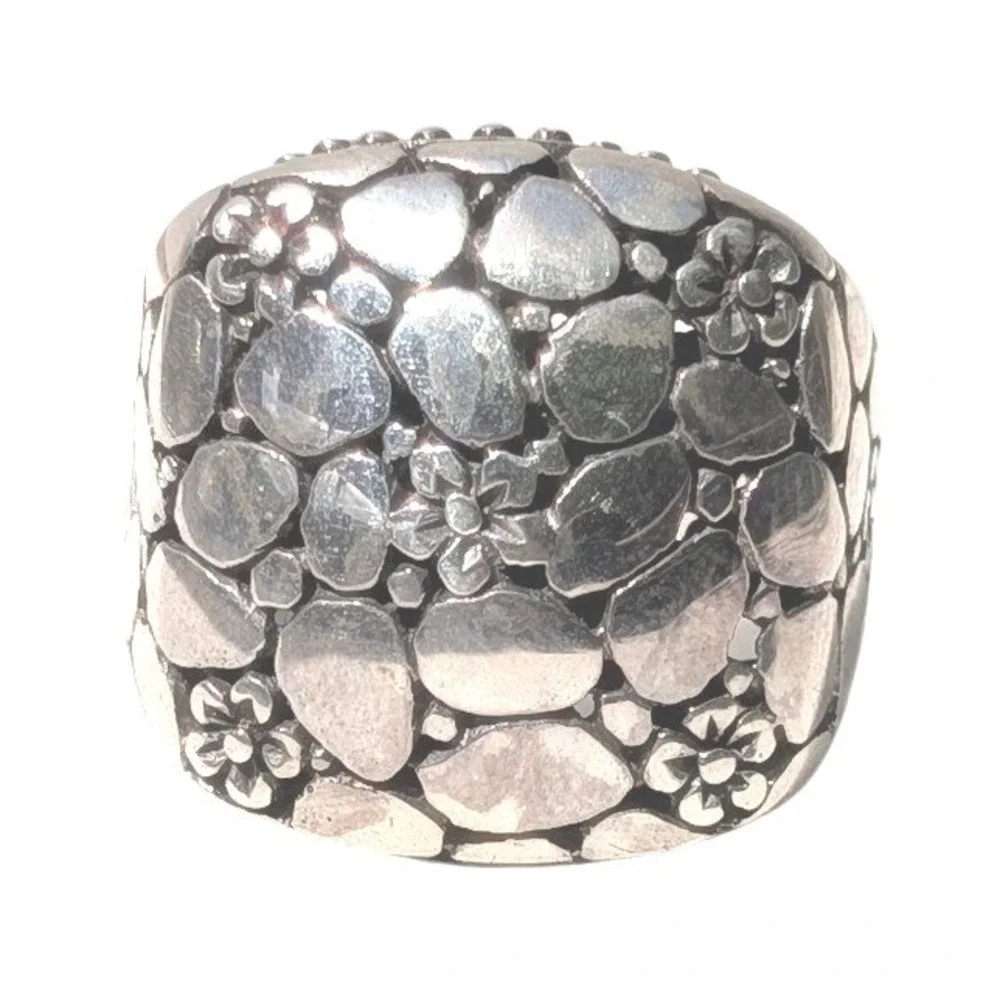 Sarda Sterling Silver 925 Pebble Floral‎ Statement Ring Wide Band Handcrafted 7